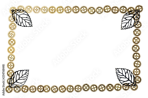 Decorative frame made of metal gears with contours of leaves. Isolated on white background