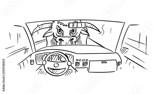 Cartoon stick figure drawing conceptual illustration of car dashboard and driver's hands on steering wheel while big dangerous bull or ox is looking inside.