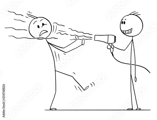 Cartoon stick figure drawing conceptual illustration of spiteful smiling man blowing on another man using hairdryer.