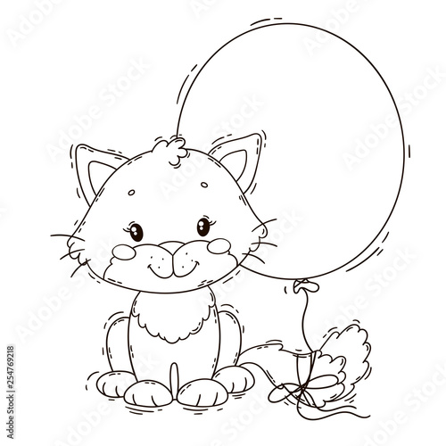 Cute kitten with balloon. Coloring book page.