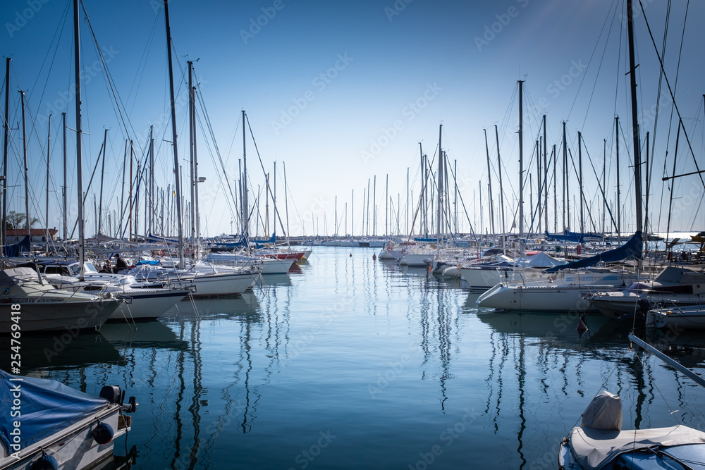 Wooden pier with many boats and yachts in marina harbor