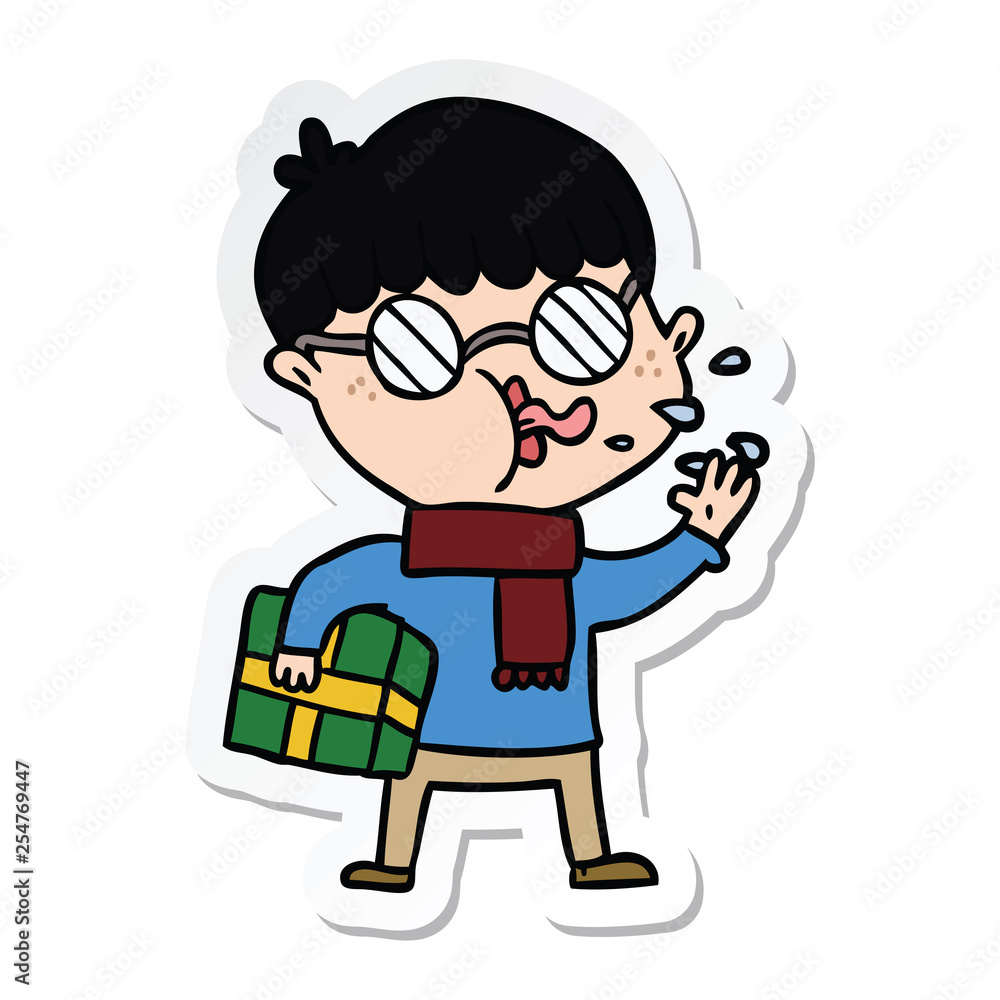 sticker of a cartoon boy wearing spectacles with christmas gift