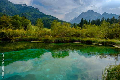 Scenic view of mountains reflecting in lake against cloudy sky photo