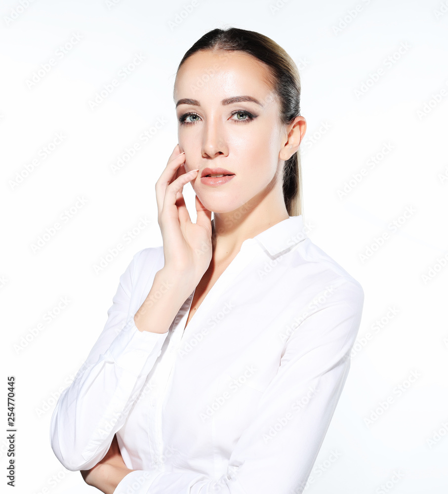 close up portrait of young business woman over white background close up portrait of young business woman over white background