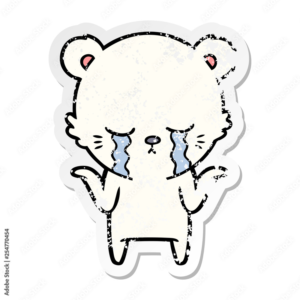 Obraz premium distressed sticker of a crying cartoon polar bear shrugging shoulders