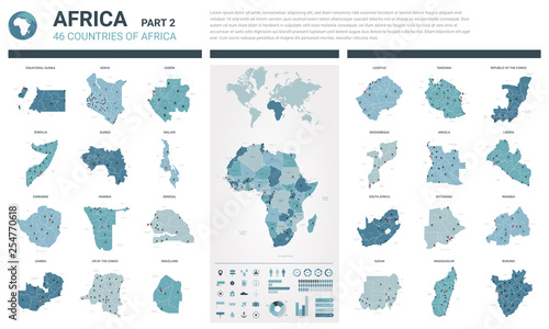 Vector maps set.  High detailed 46 maps of African countries with administrative division and cities. Political map, map of Africa continent, world map, globe, infographic elements.  Part 2.