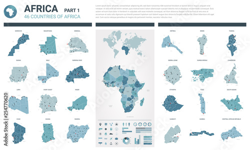 Zestaw map wektorowych. Wysoko szczegółowe 46 map krajów afrykańskich z podziałem administracyjnym i miastami. Mapa polityczna, mapa kontynentu afrykańskiego, mapa świata, glob, plansza elementów. Część 1.