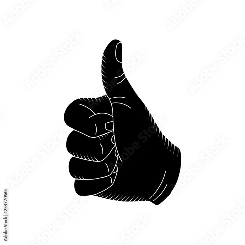 Hand sign in sketch style. Vector hand vintage icon with a thumb up symbol super. 