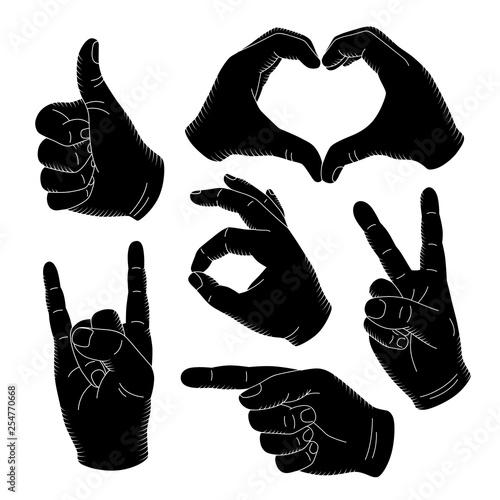 Human vintage hand gestures and signs. Gestures meaning Okay, Rock and Roll, pointer, a hand showing symbol Like. 