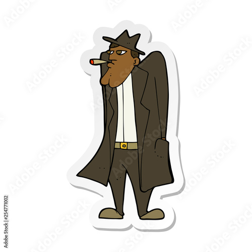 sticker of a cartoon man in hat and trench coat
