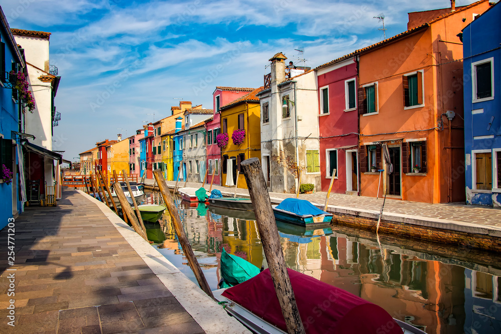 Colored houses in the city on the island. It is an island near Venice, Italy.