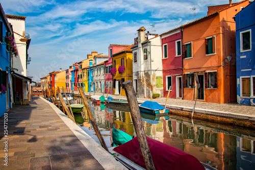 Colored houses in the city on the island. It is an island near Venice, Italy. © Jana