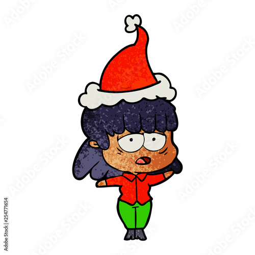 textured cartoon of a tired woman wearing santa hat