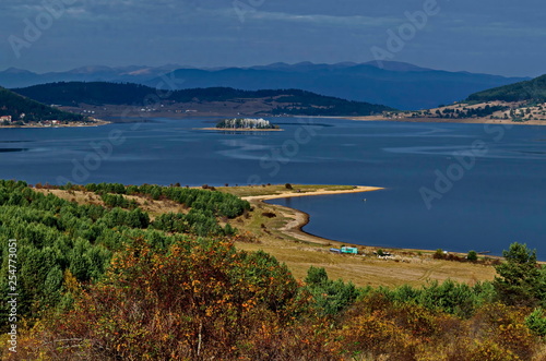 Amazing autumn view holiday village around Tsigov chark resort and Batak dam reservoir, Rhodope mountains, Bulgaria 