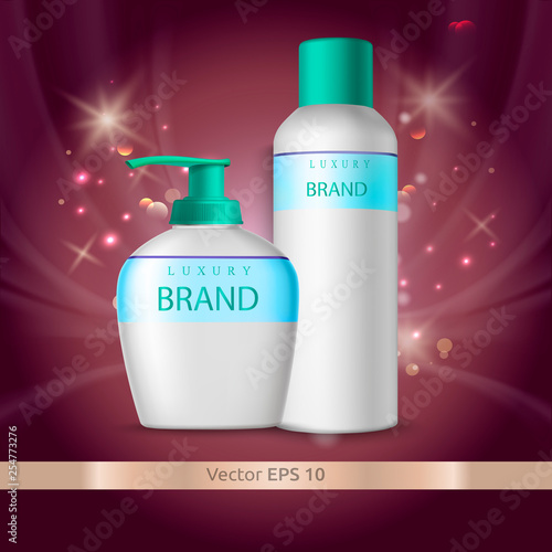 Cosmetic packaging brand cosmetics mock up. Plastic bottles and plastic box with a tube for. Plastic can with dispenser - luxury brand hand cream. Plastic bottle for shampoo