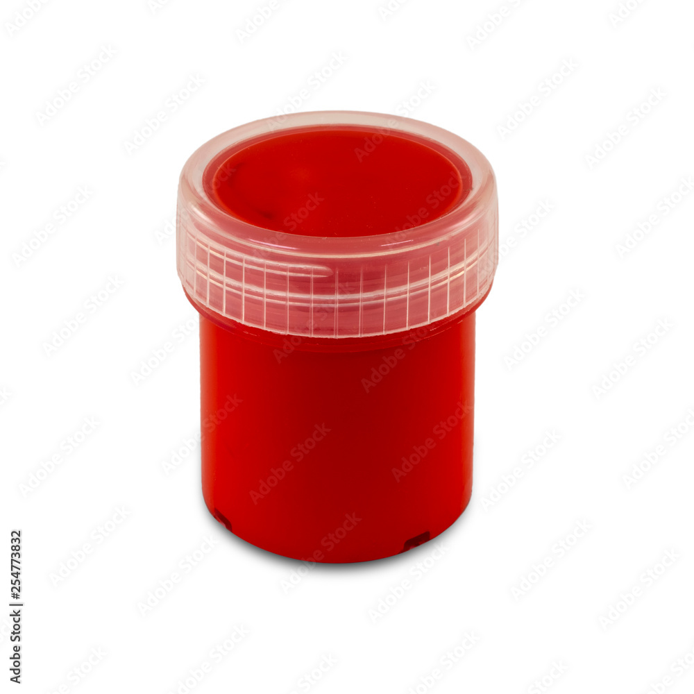 Red color gouache paint in a plastic container, isolated on white background Red color gouache paint in a plastic container, isolated on white background