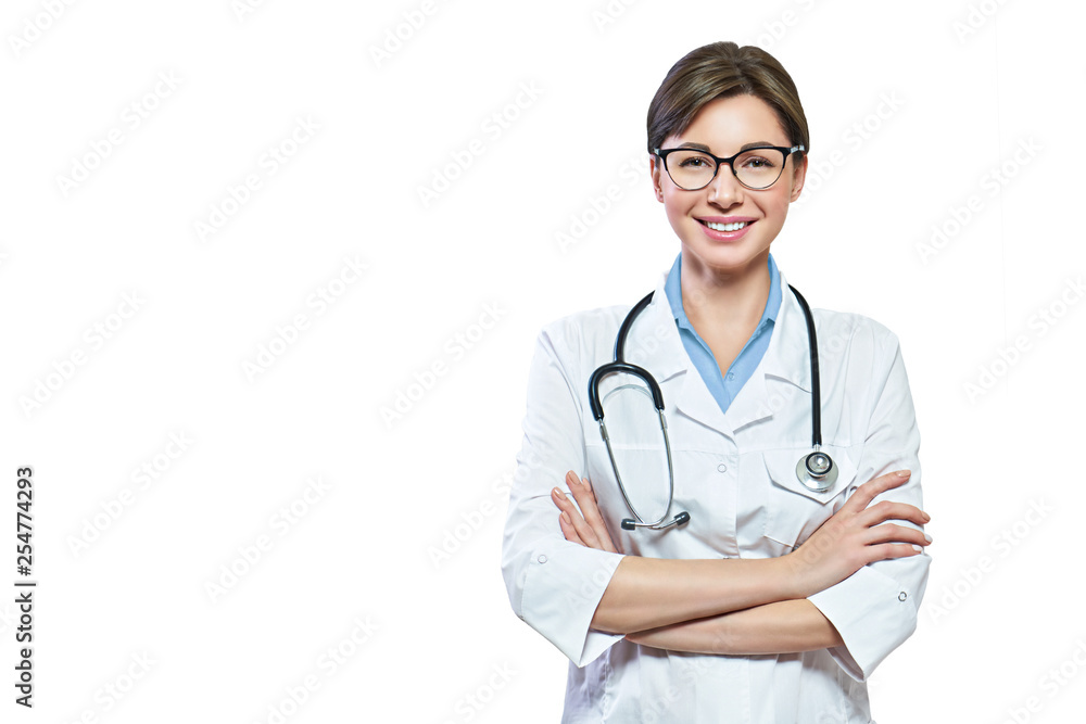 Portrait of glad smiling doctor in white uniform standing with crossed hands isolated on white background Portrait of glad smiling doctor in white uniform standing with crossed hands isolated on white background