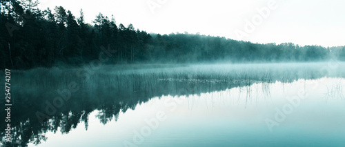 lake reflecting wooded shore