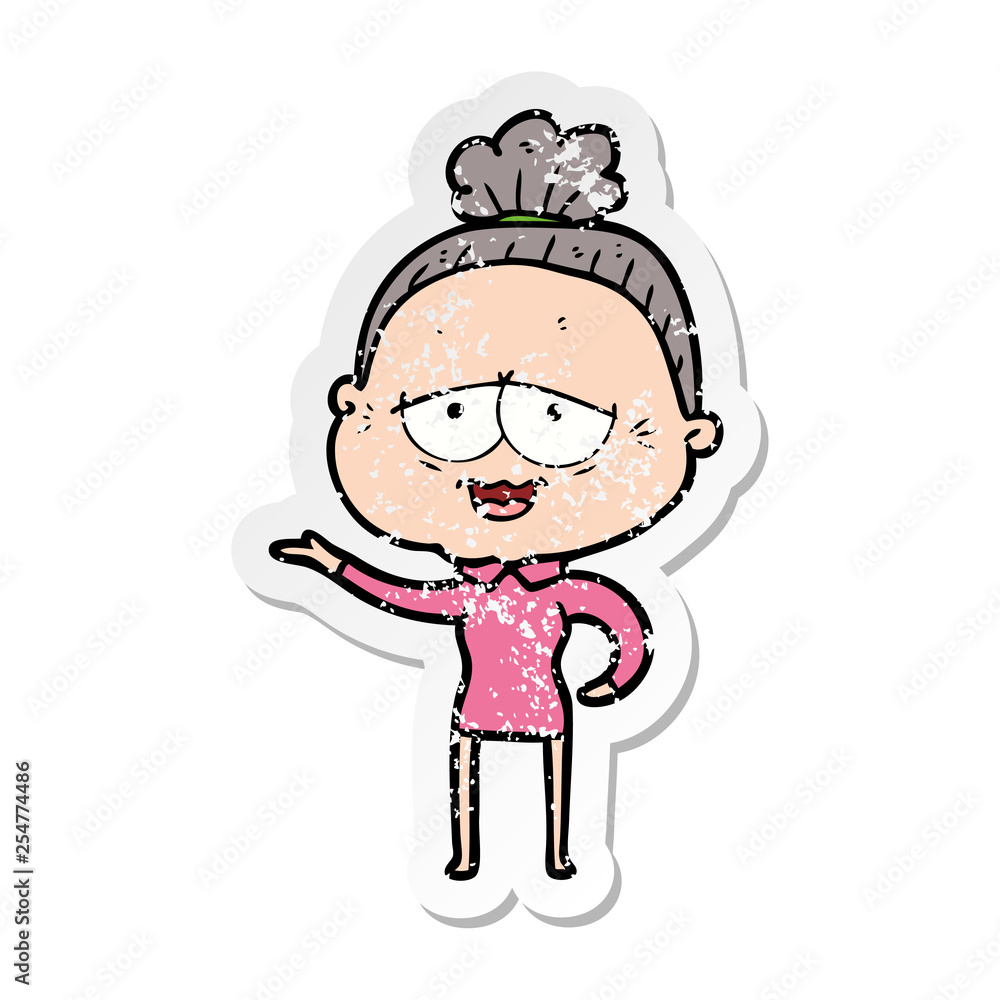 distressed sticker of a cartoon happy old lady distressed sticker of a cartoon happy old lady