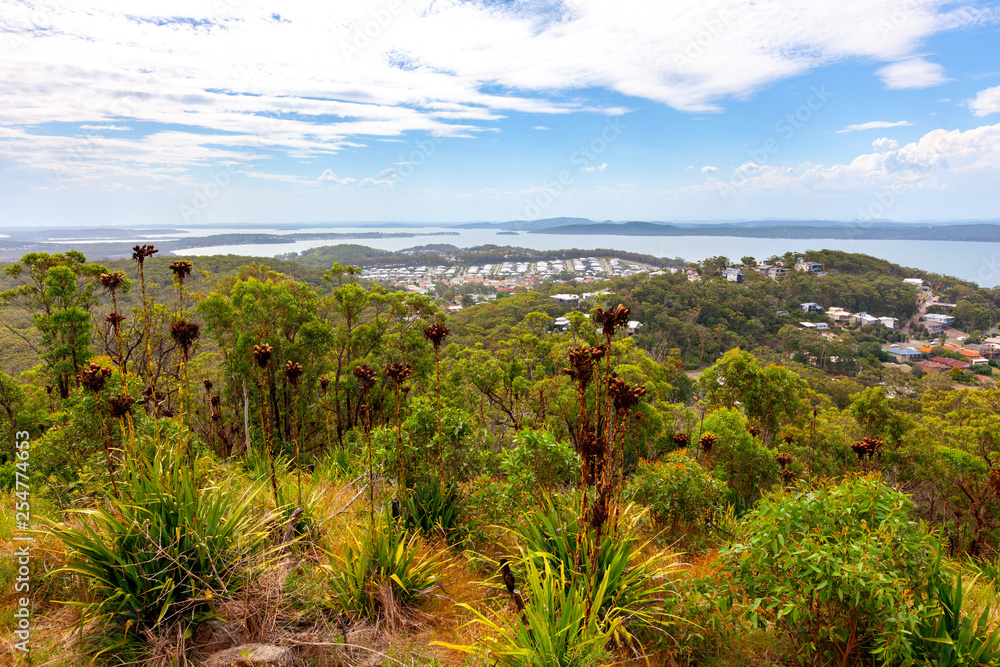 Beautiful coastal views of Port Stephens from the Gan Gan Lookout. Nelson Bay, New South Wales, Australia