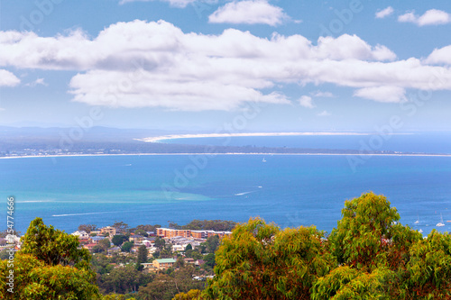 View of Nelson Bay on bright summer day from Gan Gan lookout. Nelson Bay, New South Wales, Australia