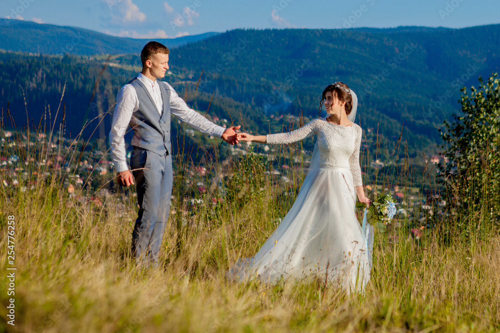 Newlyweds smile and hug each other among the meadow on top of the mountain. Wedding walk in the woods in the mountains, the gentle emotions of the couple, photo for Valentine's Day