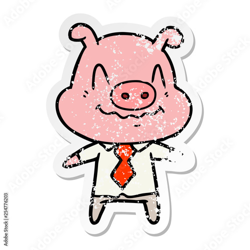 distressed sticker of a nervous cartoon pig boss