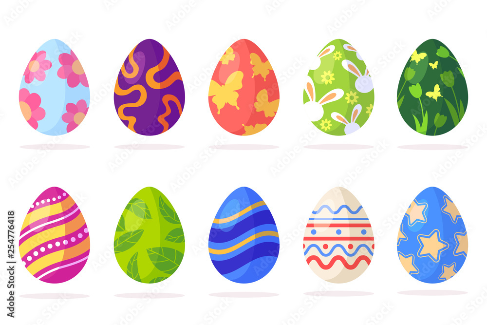 Set of Easter eggs with different patterns isolated on white background. Traditional easter element in flat cartoon style. Spring holiday. Vector illustration.
