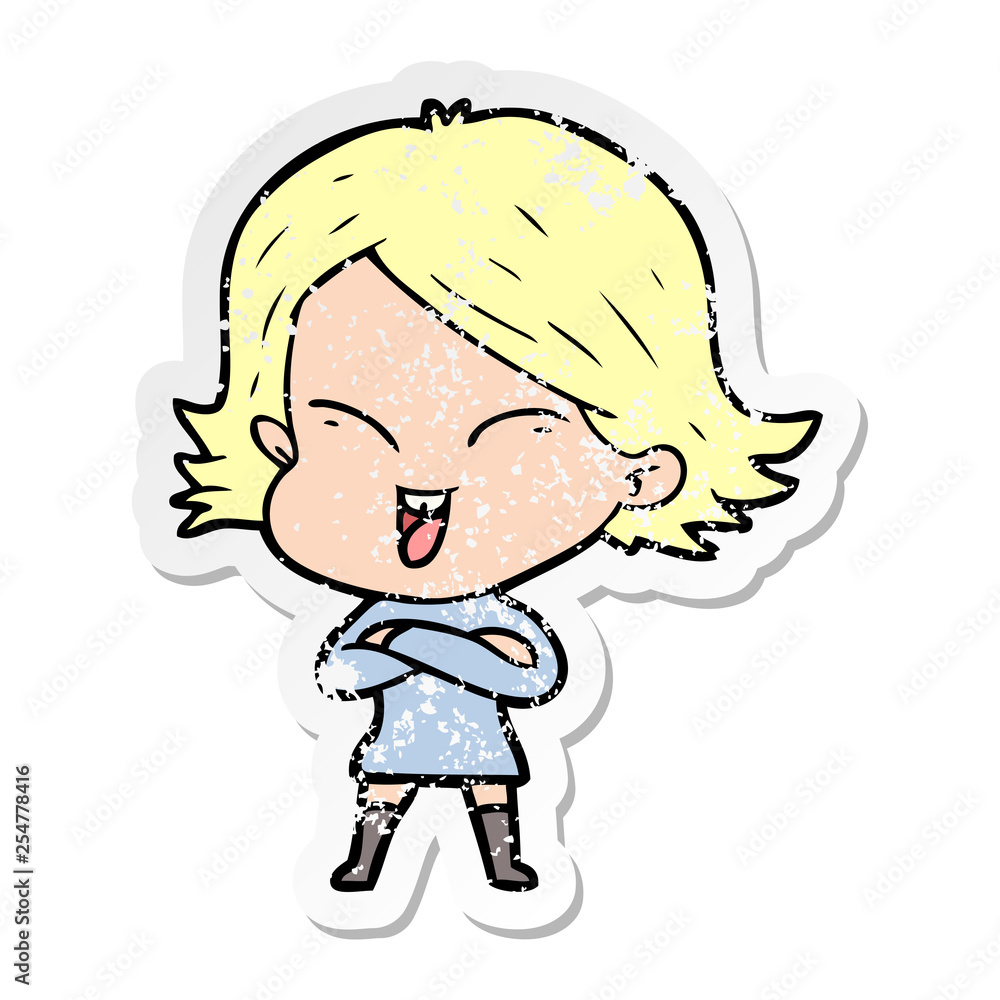 distressed sticker of a happy cartoon girl distressed sticker of a happy cartoon girl