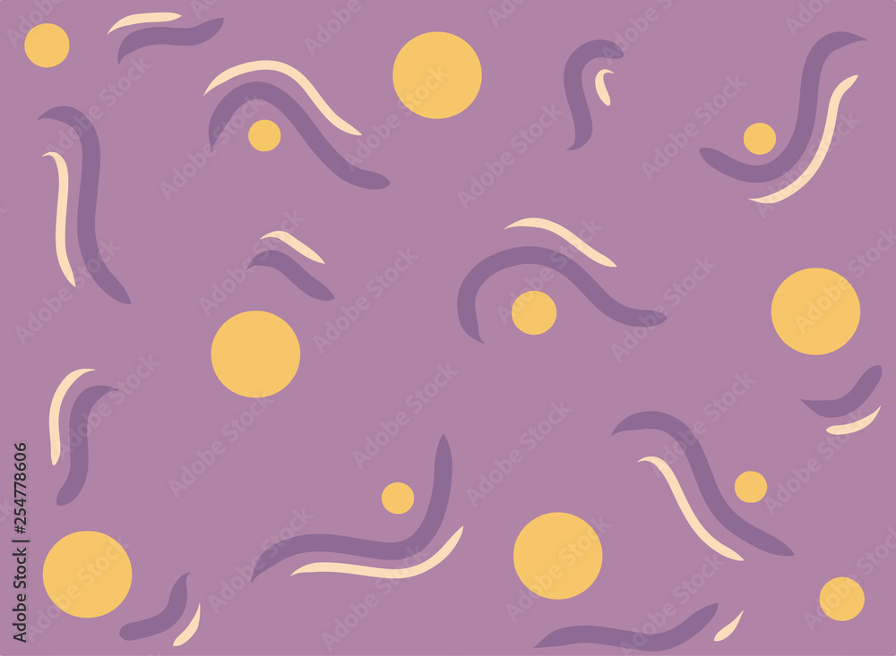 Vector abstact art. Texture made of colorful yellow and purple spots, circles. Simple illustration template for invitations, cards, banner, textile, wrapping paper and other design. White background 