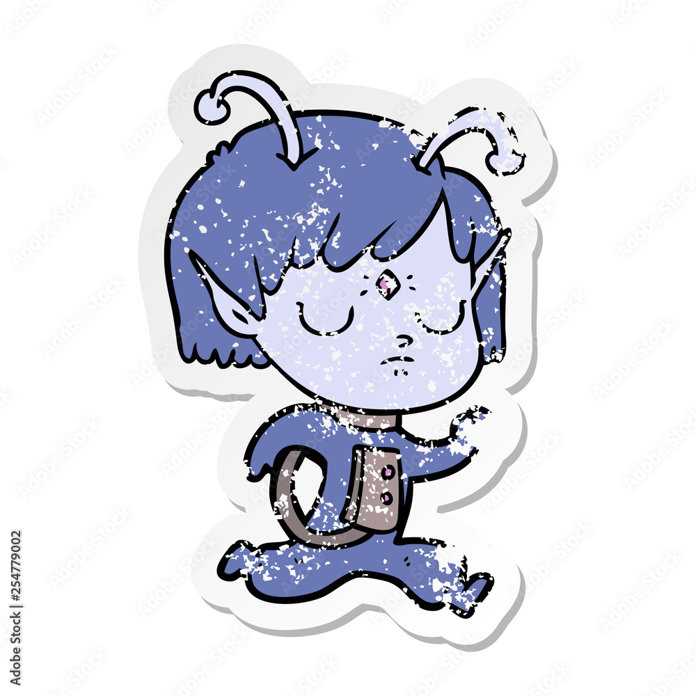 distressed sticker of a cartoon alien girl distressed sticker of a cartoon alien girl