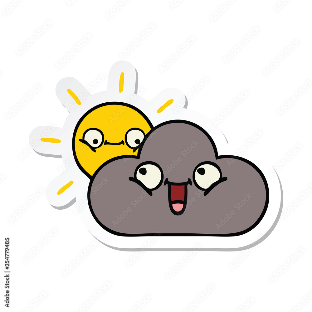 sticker of a cute cartoon storm cloud and sun sticker of a cute cartoon storm cloud and sun