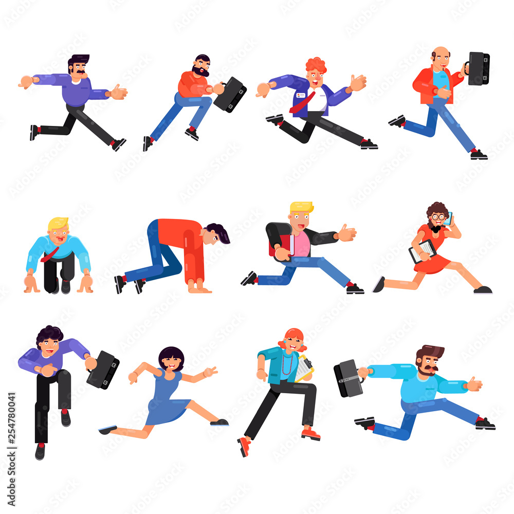 Running business man vector people businessman woman runner character working fast illustration set of hurry workers in suit success career race isolated on white background