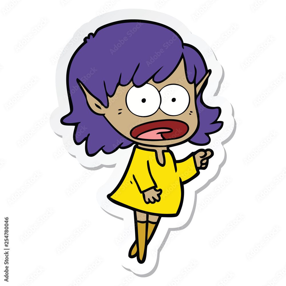 sticker of a cartoon shocked elf girl pointing sticker of a cartoon shocked elf girl pointing