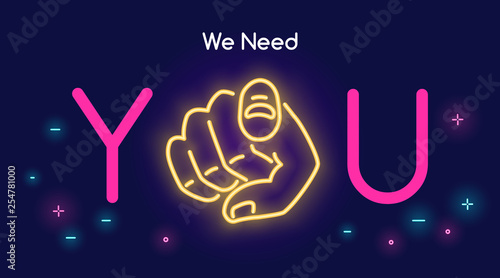 We need you human hand with the finger pointing or gesturing towards you in neon light style with text on dark purple background