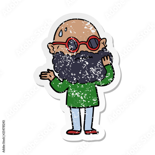 distressed sticker of a cartoon worried man with beard and sunglasses