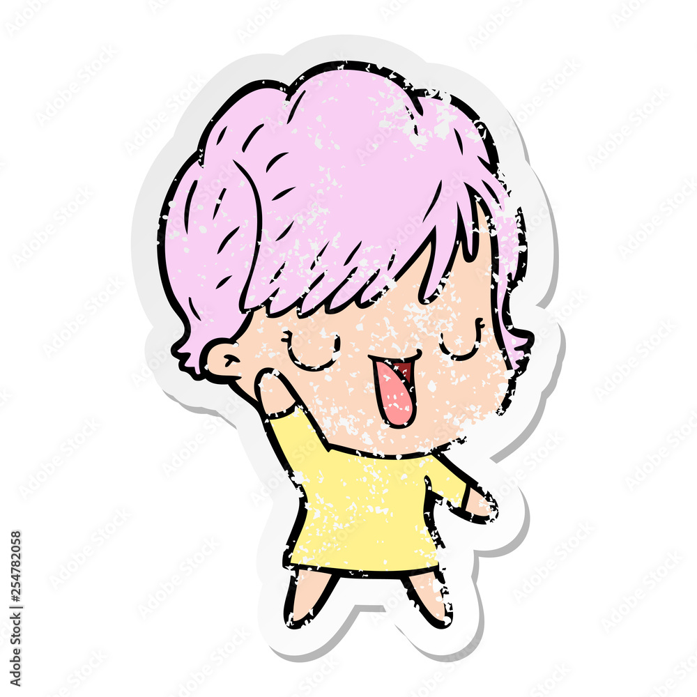 distressed sticker of a cartoon woman talking distressed sticker of a cartoon woman talking