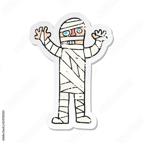 retro distressed sticker of a cartoon bandaged mummy