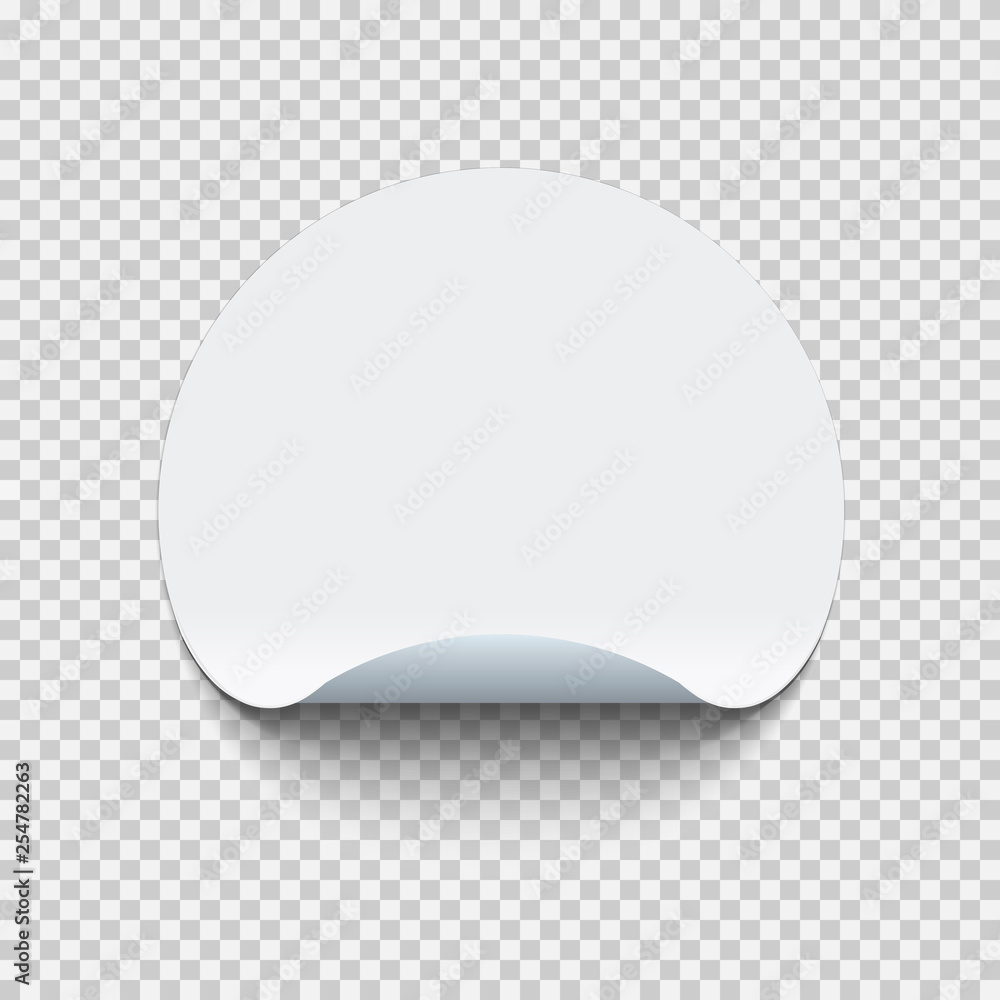 Blank round adhesive sticker mock up with curved corner. Mockup empty circle sticky label on