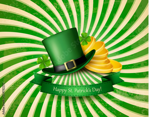 Saint Patrick's Day background with a green hat and gold coins. Vector illustration.