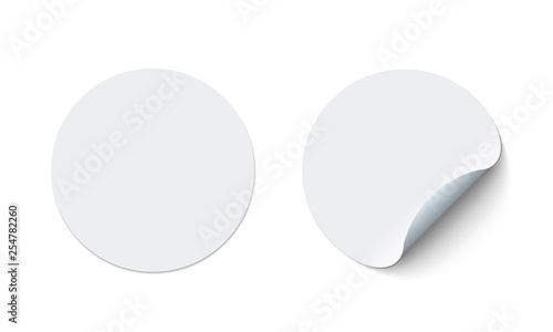 Blank round adhesive stickers mock up with curved corner. Mockup empty circle sticky label