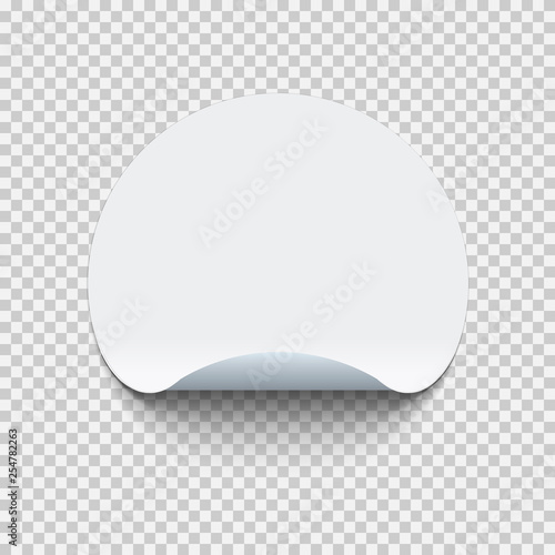 Blank round adhesive sticker mock up with curved corner. Mockup empty circle sticky label on transparent background