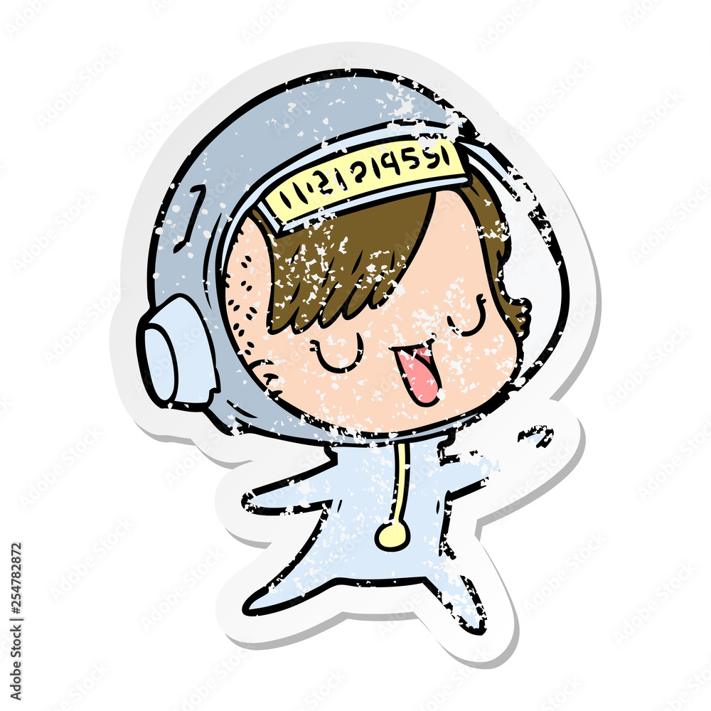 distressed sticker of a cartoon astronaut woman distressed sticker of a cartoon astronaut woman