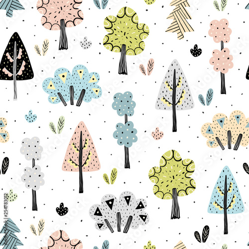Amazing forest seamless pattern in scandinavian style. Vector illustration