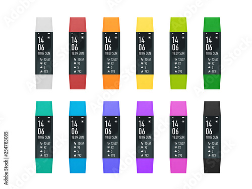 Fitness bracelet or tracker with a smartphone isolated on white. Sports accessories, a wristband with running activity steps counter and heartbeat pulse meter