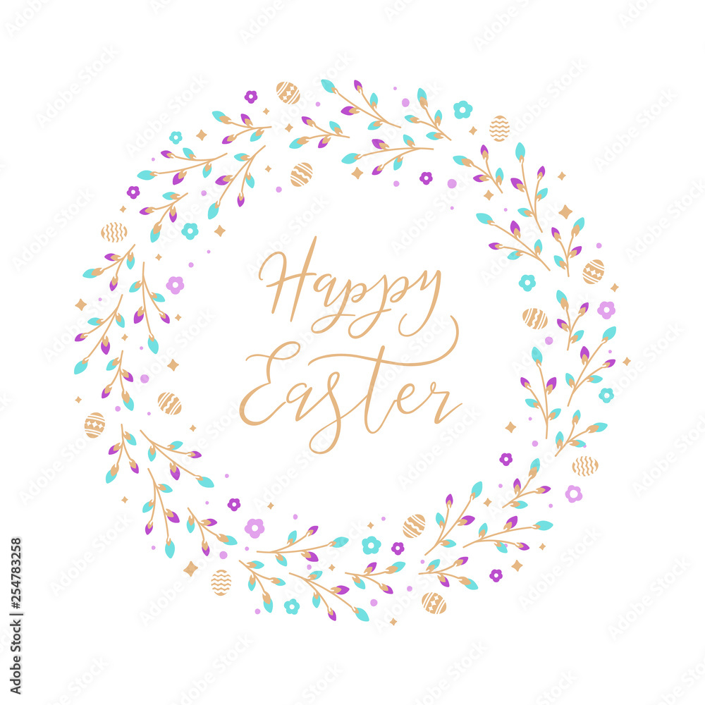 Easter wreath with Easter eggs, flowers, leaves and branches on white background. Decorative frame with gold elements. Unique design for your greeting cards. Vector illustration in modern style. Easter wreath with Easter eggs, flowers, leaves and branches on white background. Decorative frame with gold elements. Unique design for your greeting cards. Vector illustration in modern style.