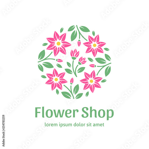 Logo for flower shop. Stylized pink lilies on white background. Vector illustration in modern style