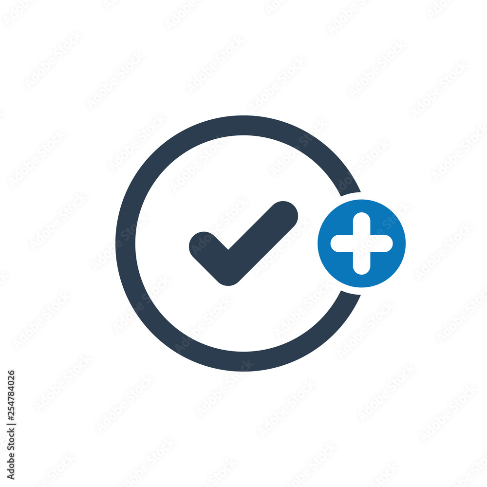 Tick icon with add sign. Tick icon and new, plus, positive symbol Tick icon with add sign. Tick icon and new, plus, positive symbol