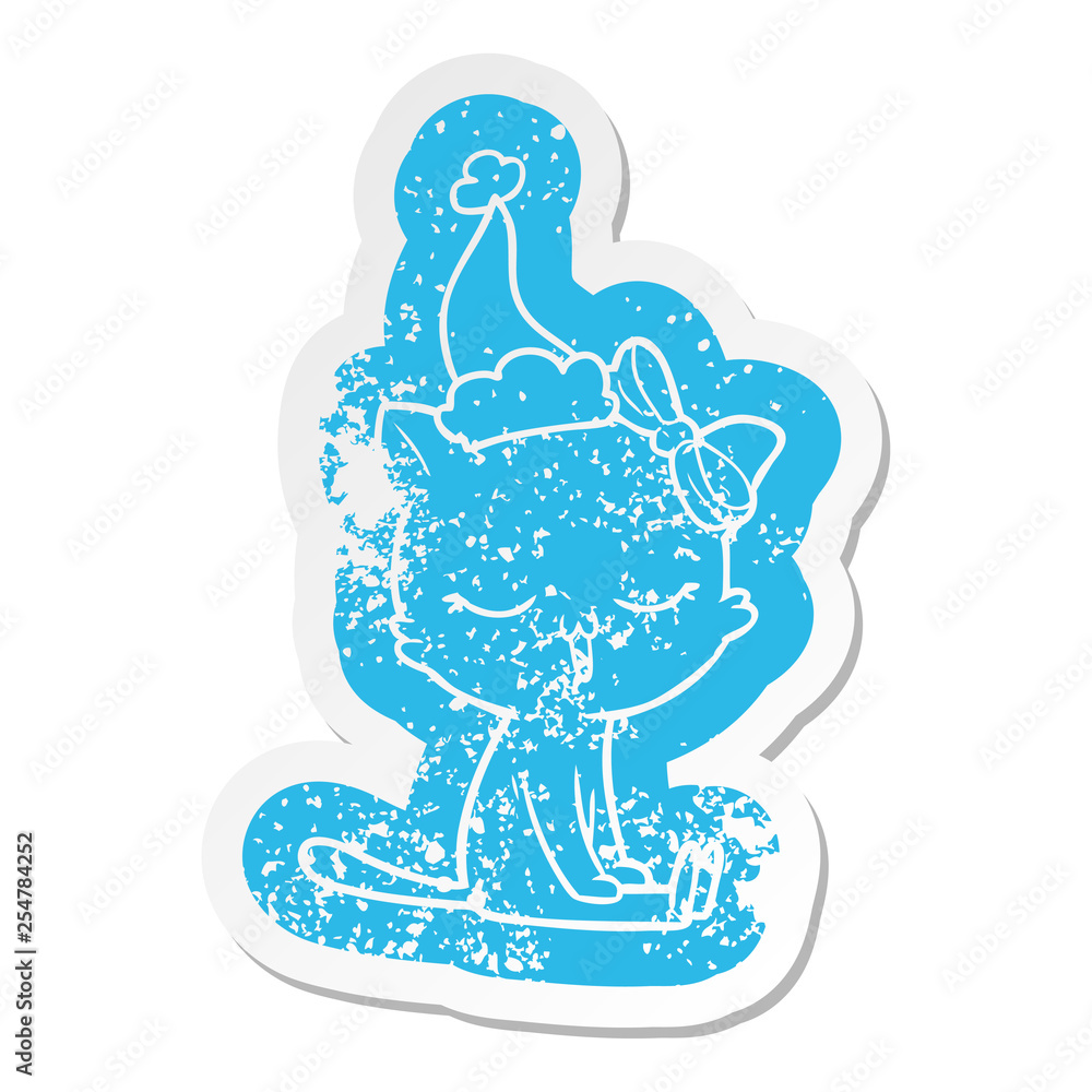 cartoon distressed sticker of a cat with bow on head wearing santa hat cartoon distressed sticker of a cat with bow on head wearing santa hat