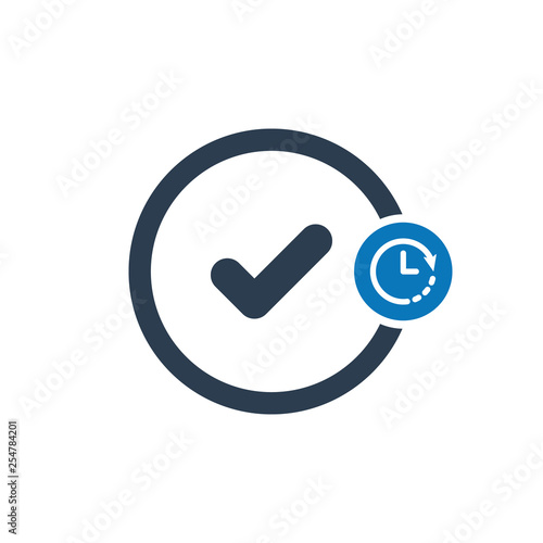 Tick icon with clock sign. Tick icon and countdown, deadline, schedule, planning symbol